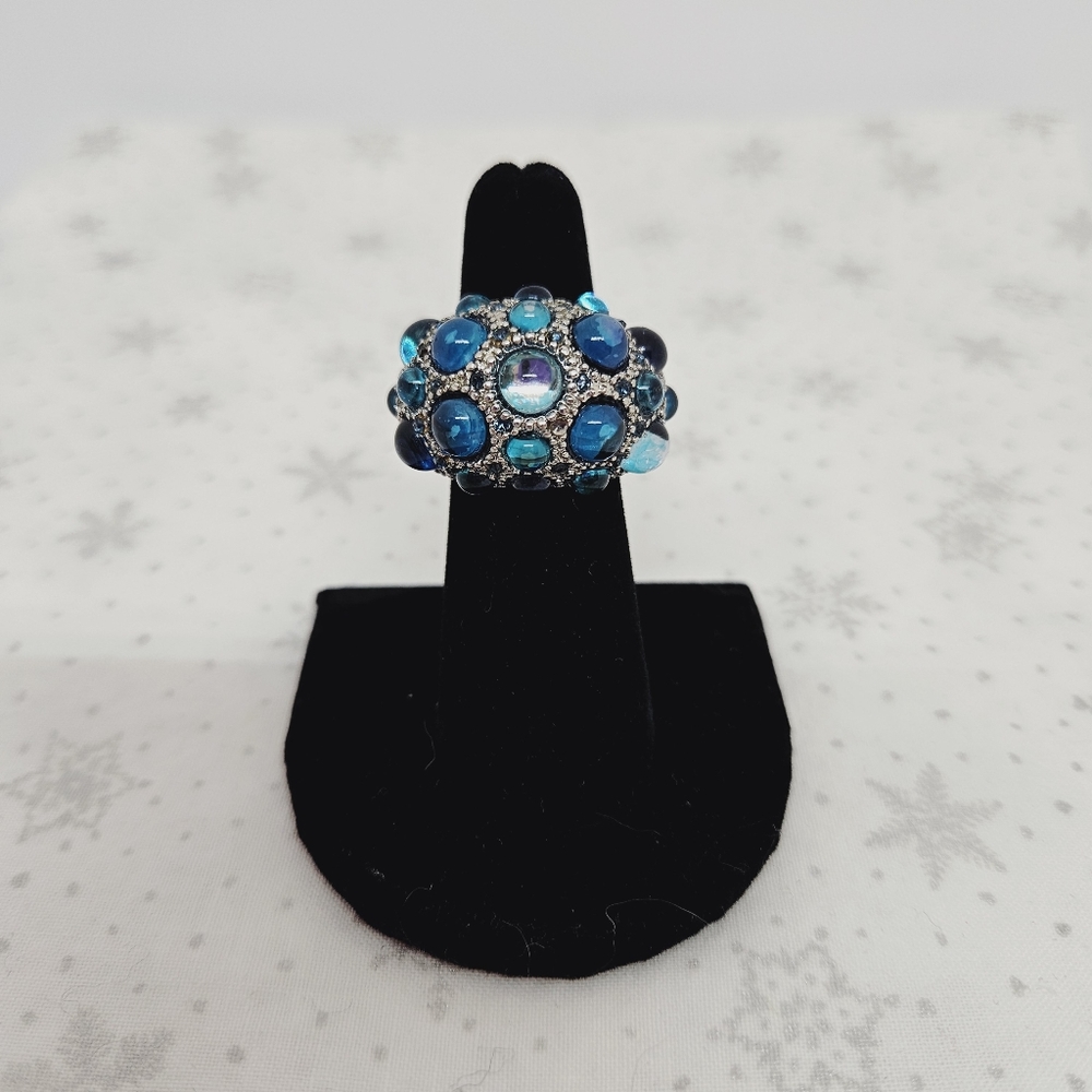 Vintage Silver Tone Blue Colored Glass Bubble Stretch Statement Ring